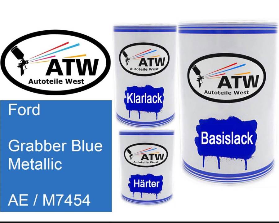 Ford, Grabber Blue Metallic, AE / M7454: 500ml Lackdose + 500ml Klarlack + 250ml Härter - Set, von ATW Autoteile West.